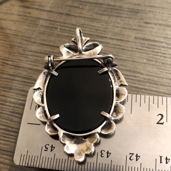 Vintage Sterling Silver, Marcasite, Onyx, & Mother of Pearl Cameo - Picture 9 of 16